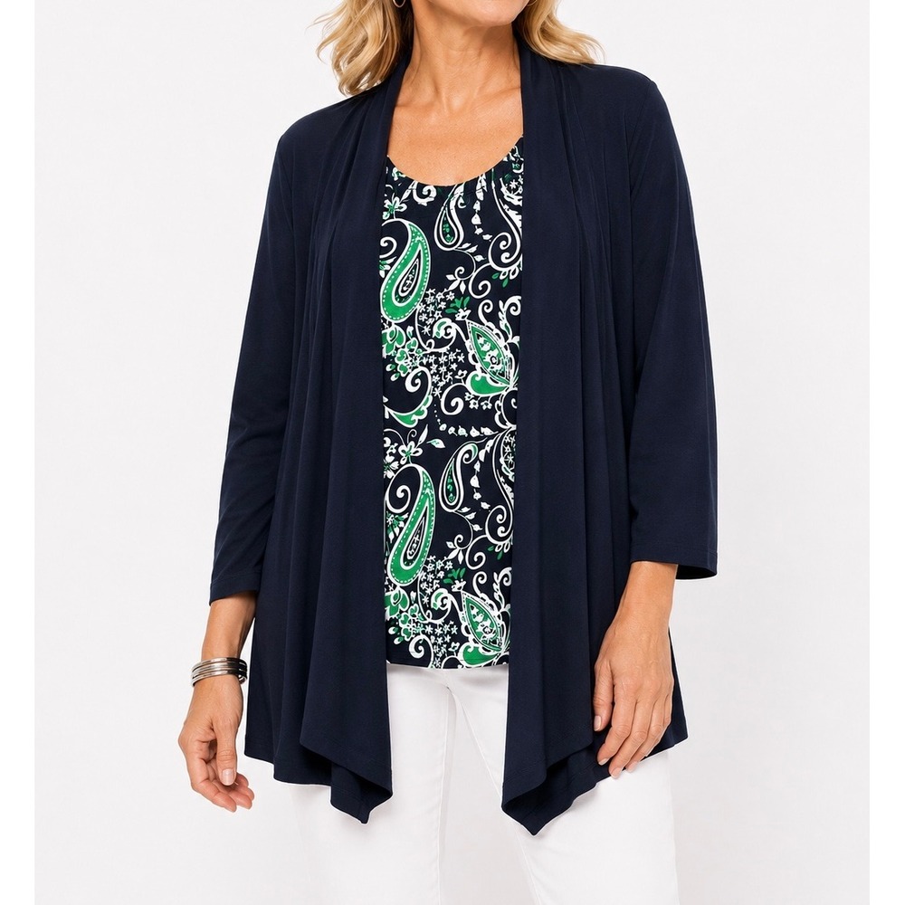 Alfred Dunner Womens 2X Navy Blue Paisley Cardigan faux Tank Top Set Plus Size